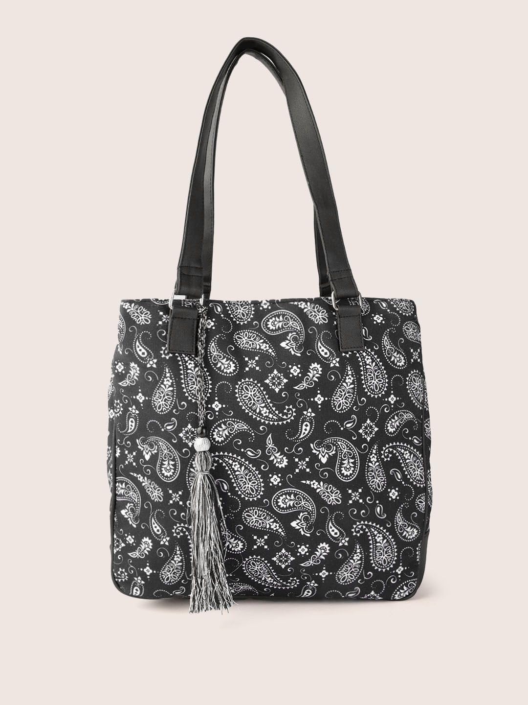 PRIMROSE Printed Black Tote Bag with Tassel