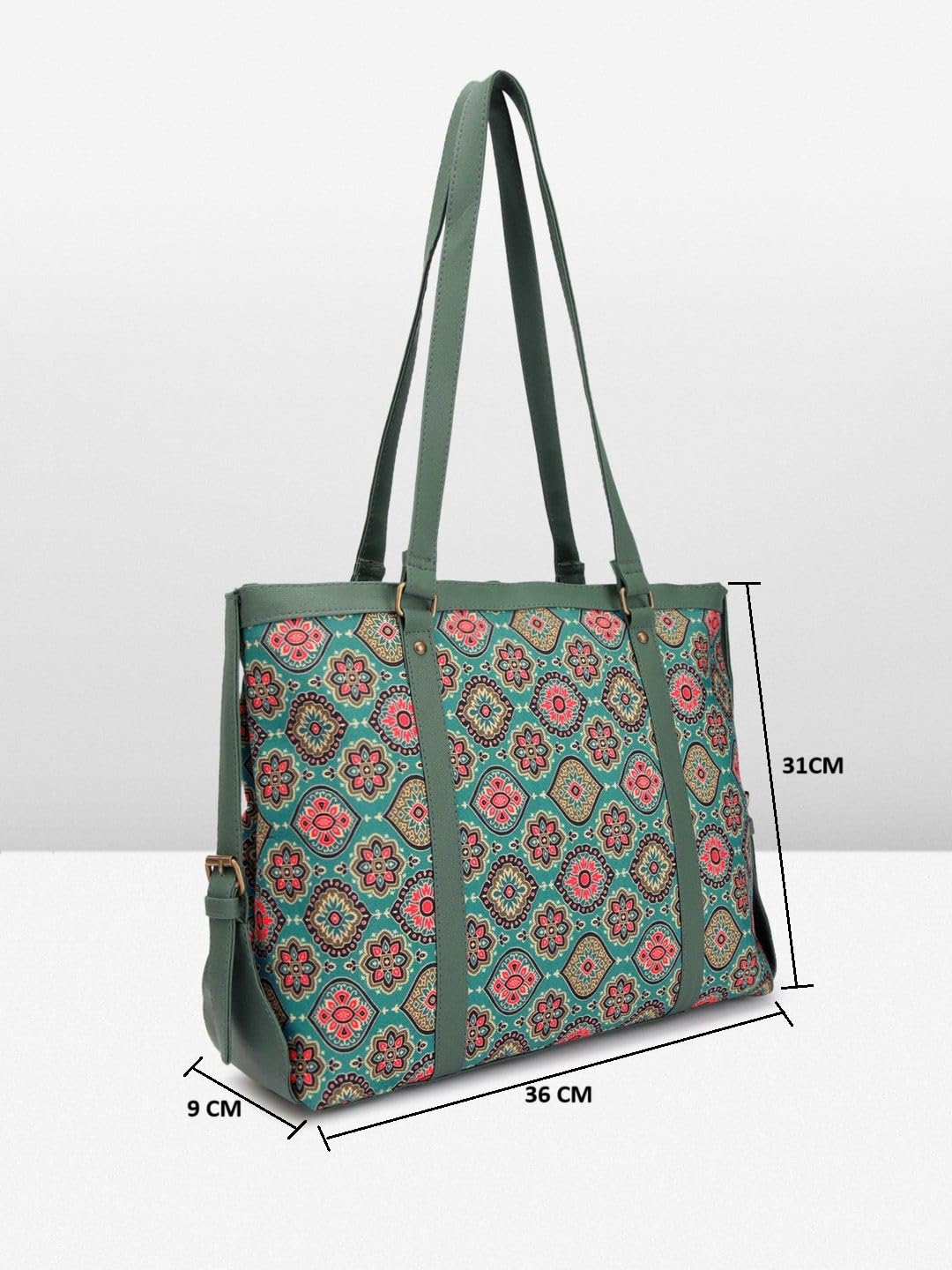 PRIMROSE Sea Green Ethnic Motifs Printed Oversized Shopper Shoulder Bag