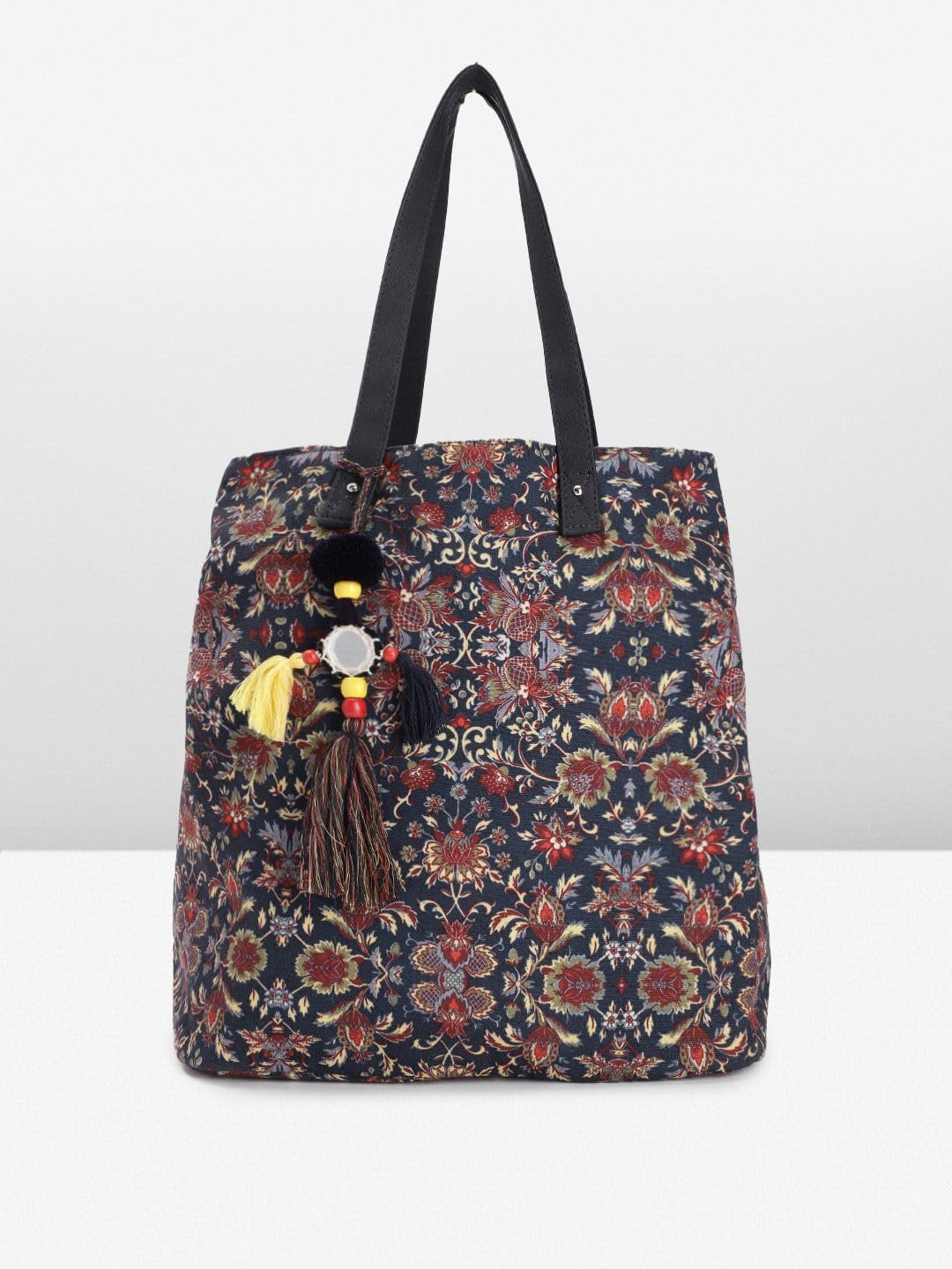 PRIMROSE Floral Print Tote Bag with Tassel Accents, Navy Blue