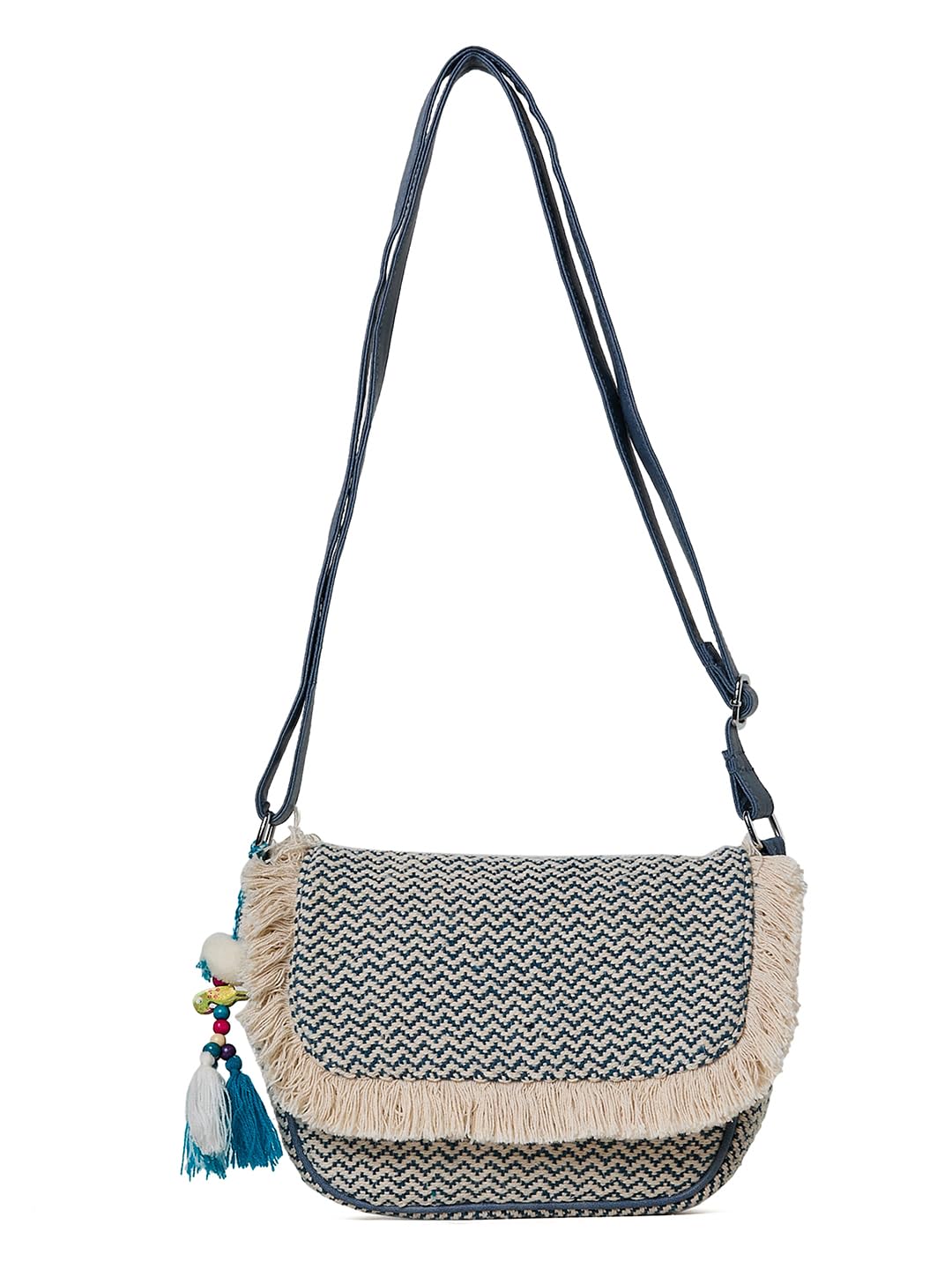 PRIMROSE Women's Chevron Woven Handbag with Fringe and Tassel Accents,