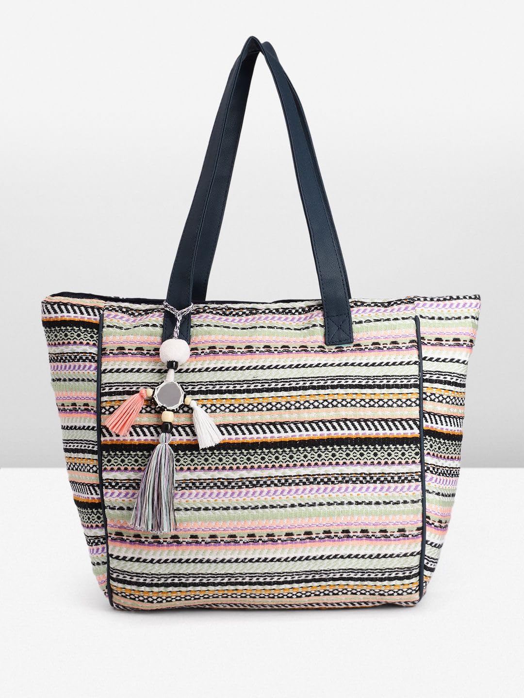 PRIMROSE Multicoloured Geometric Printed Oversized Structured Tote Bag with Tasselled