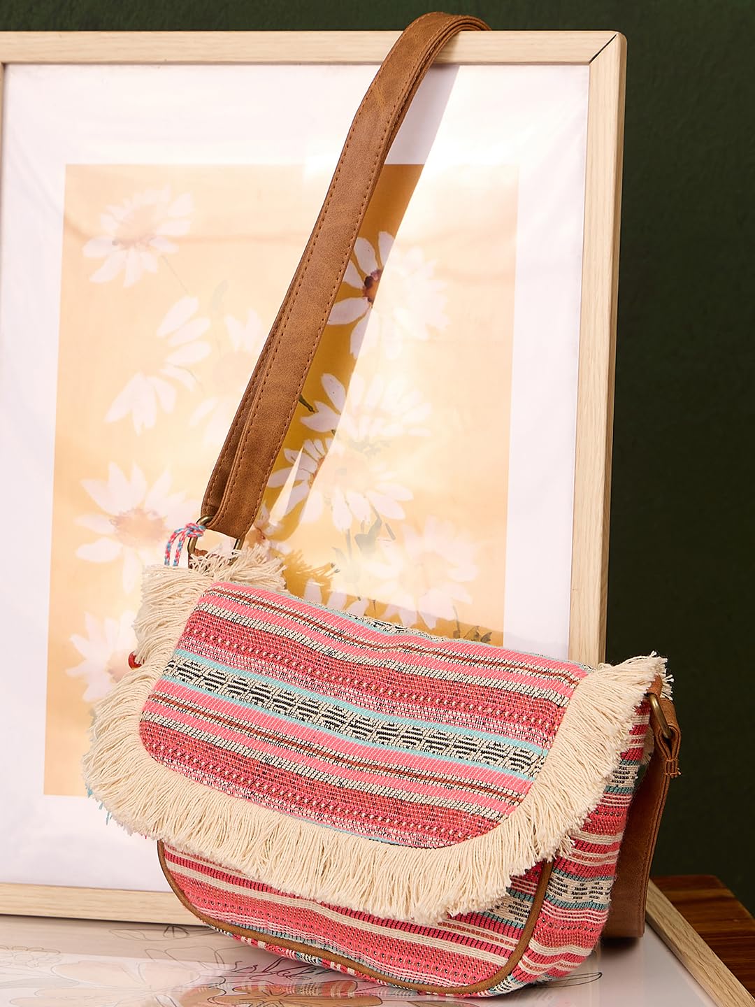 PRIMROSE Fringe Trim Woven Crossbody Bag with Tassels, Multicolour