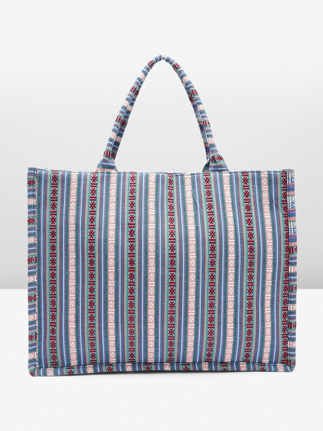 PRIMROSE Handcrafted Striped Canvas Tote Bag Blue Red and White