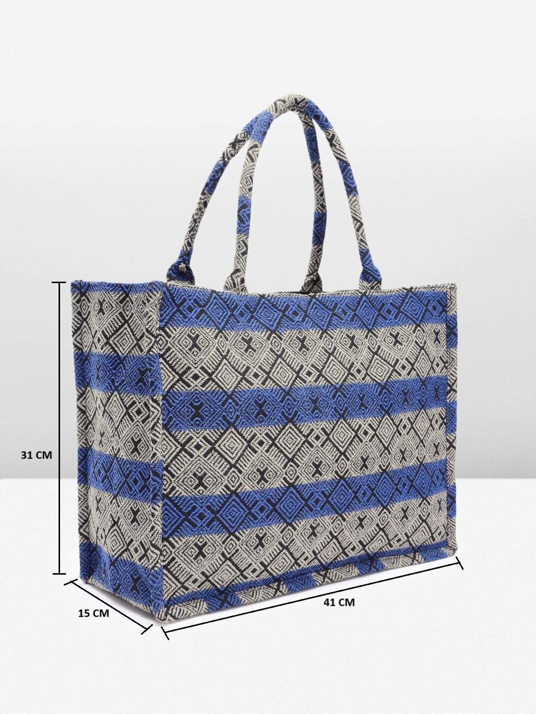 PRIMROSE Handwoven Geometric Pattern Tote Bag, Blue and Grey