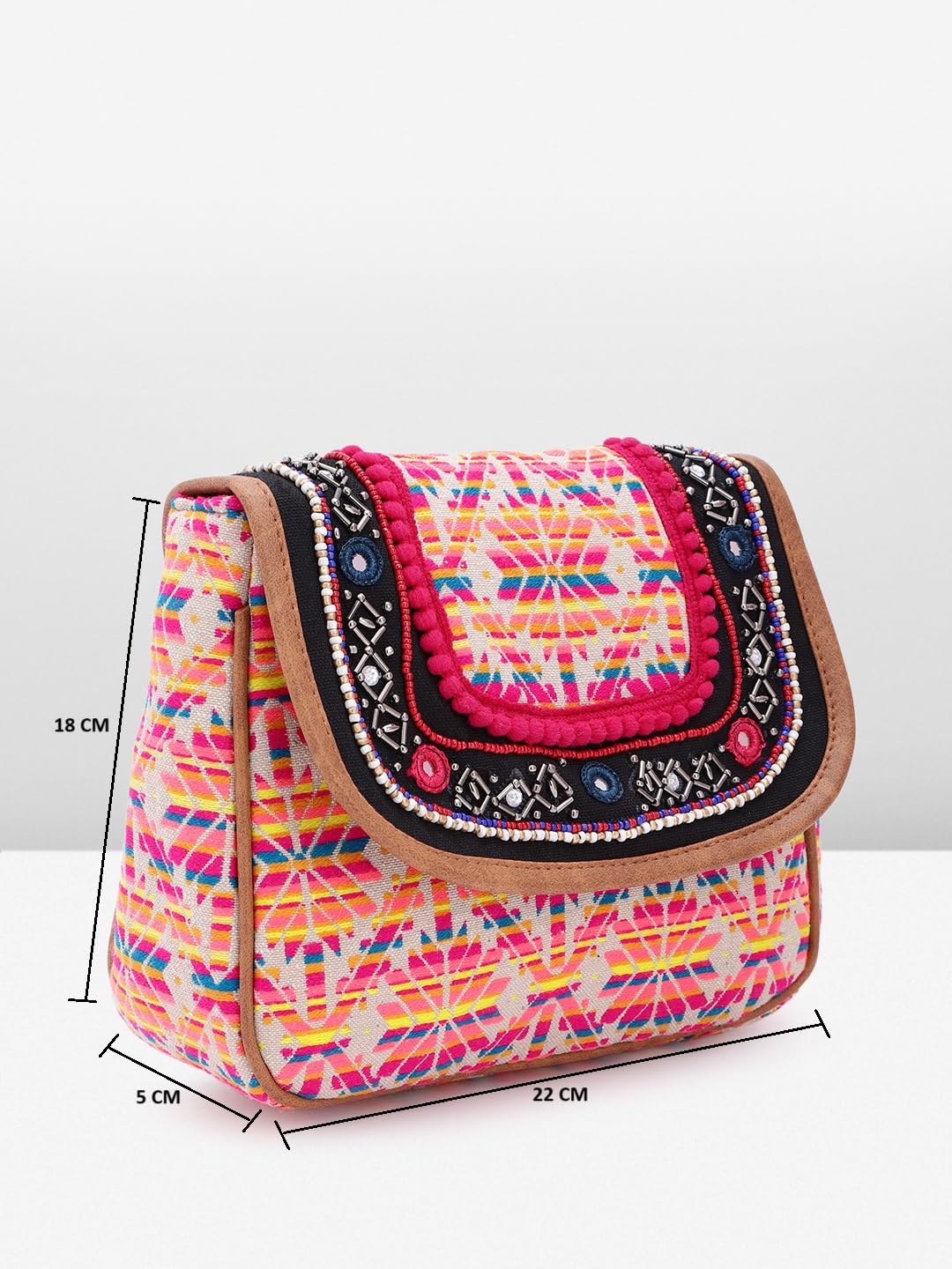 PRIMROSE Ethnic Embroidered Sling Bag with Pom Poms Multicolour