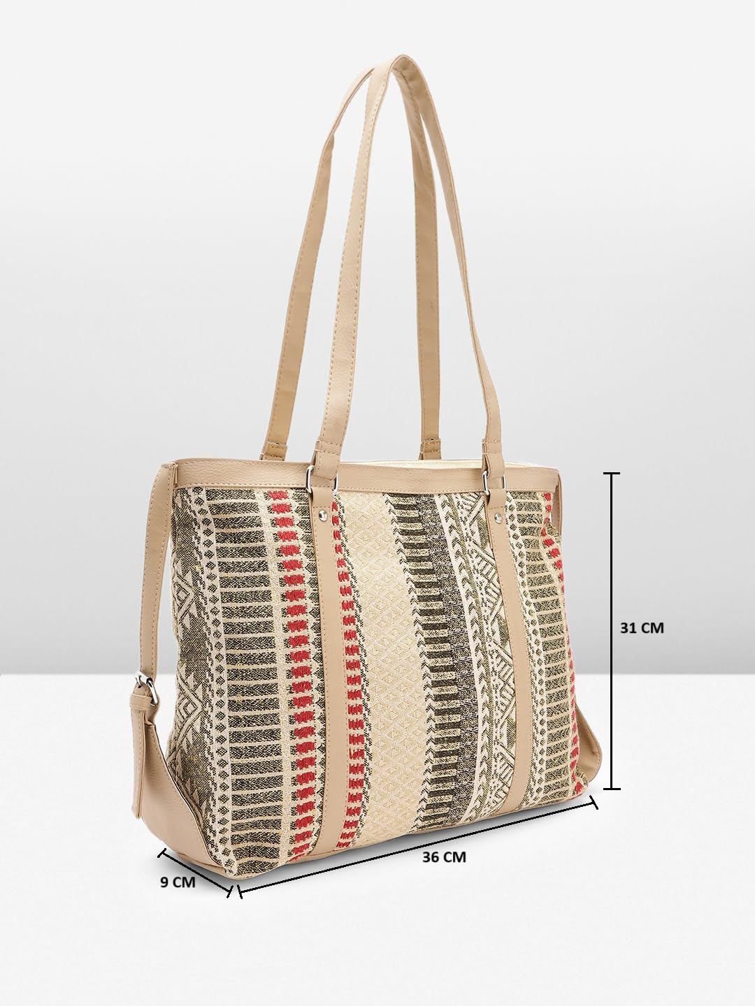 PRIMROSE Ethnic Jute Tote Bag with Geometric Patterns Beige