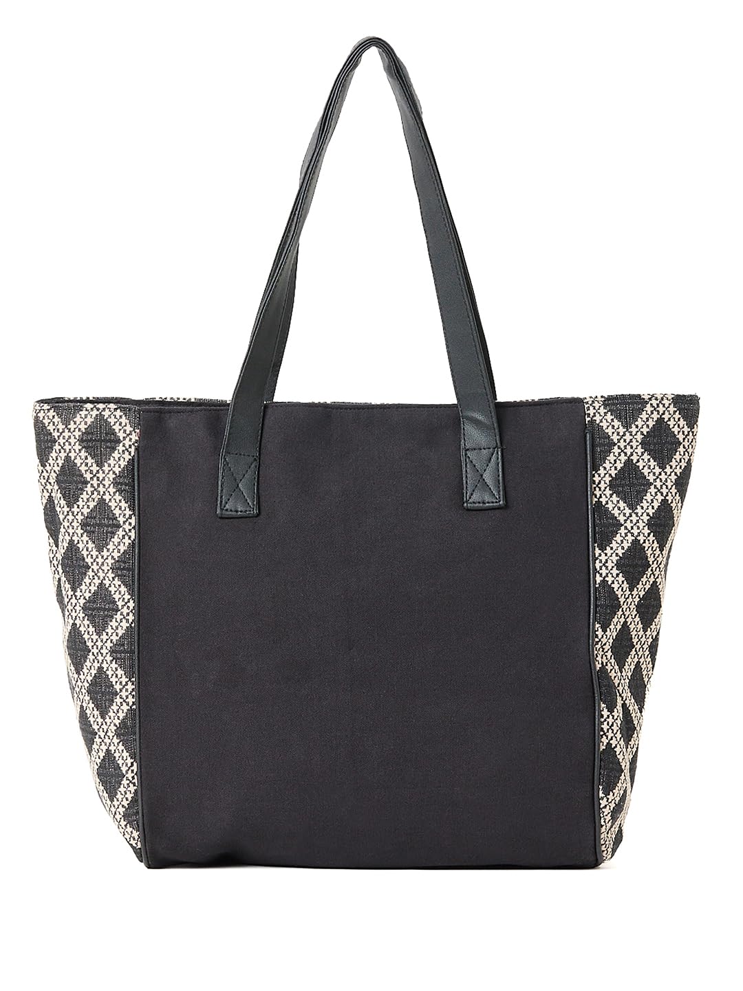 PRIMROSE Woven Tote Bag with Diamond Pattern, Black and Beige, Pvc Handles, Tassel Accent