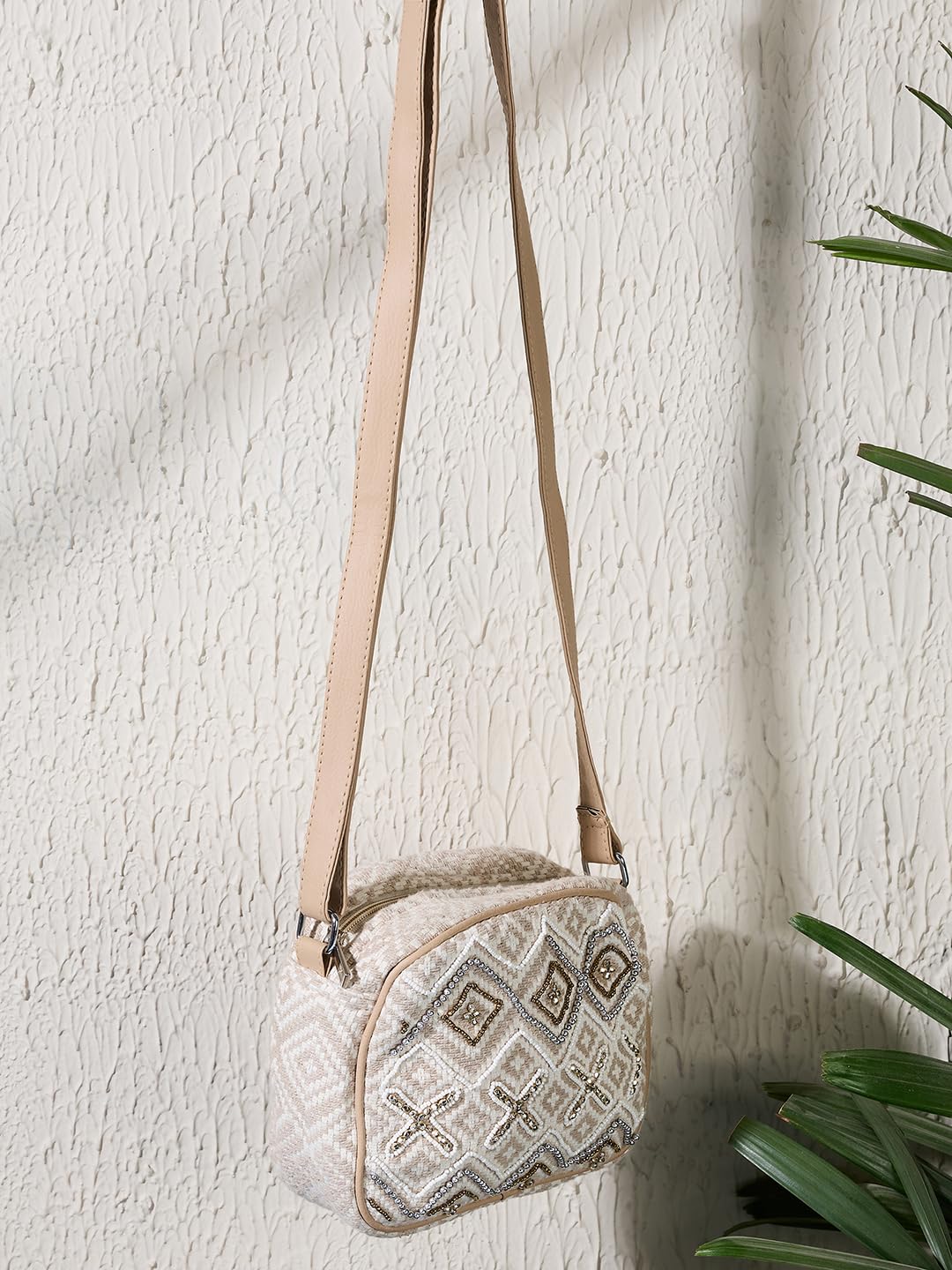 PRIMROSE Beige Crossbody Bag with Diamond Pattern, Adjustable Strap