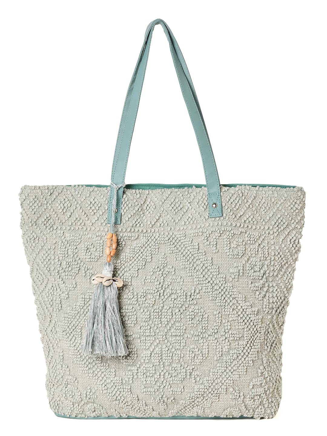 PRIMROSE Handwoven Crochet Tote Bag with Tassel Charm, Grey and Mint Green