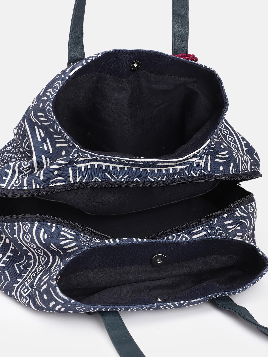 PRIMROSE Printed Tote Bag with Tassel Accent Navy Blue and White Tribal Pattern