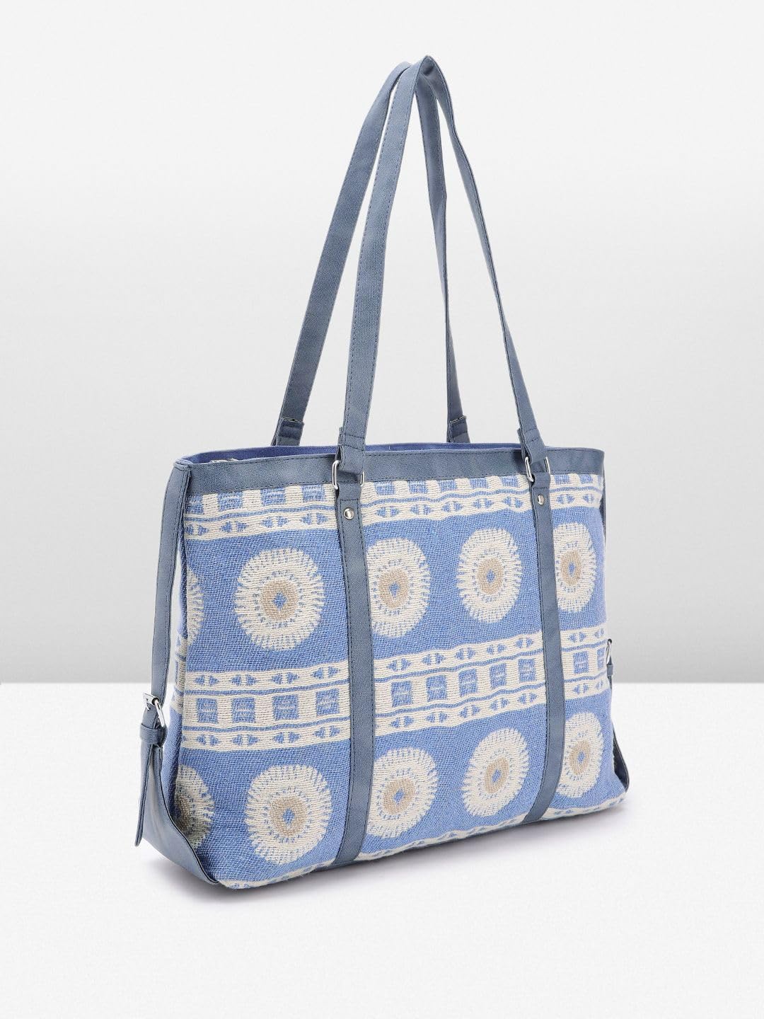 PRIMROSE Stylish Tote Bag with Geometric Pattern Blue and Beige