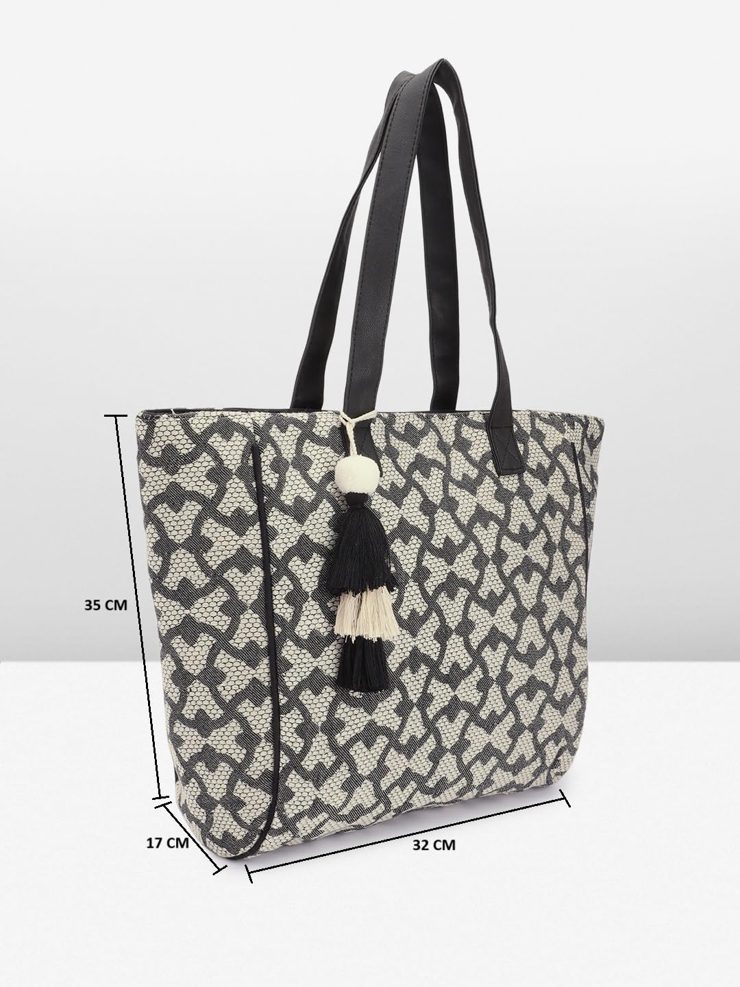 PRIMROSE Geometric Patterned Tote Bag with Tassels, Black and Beige