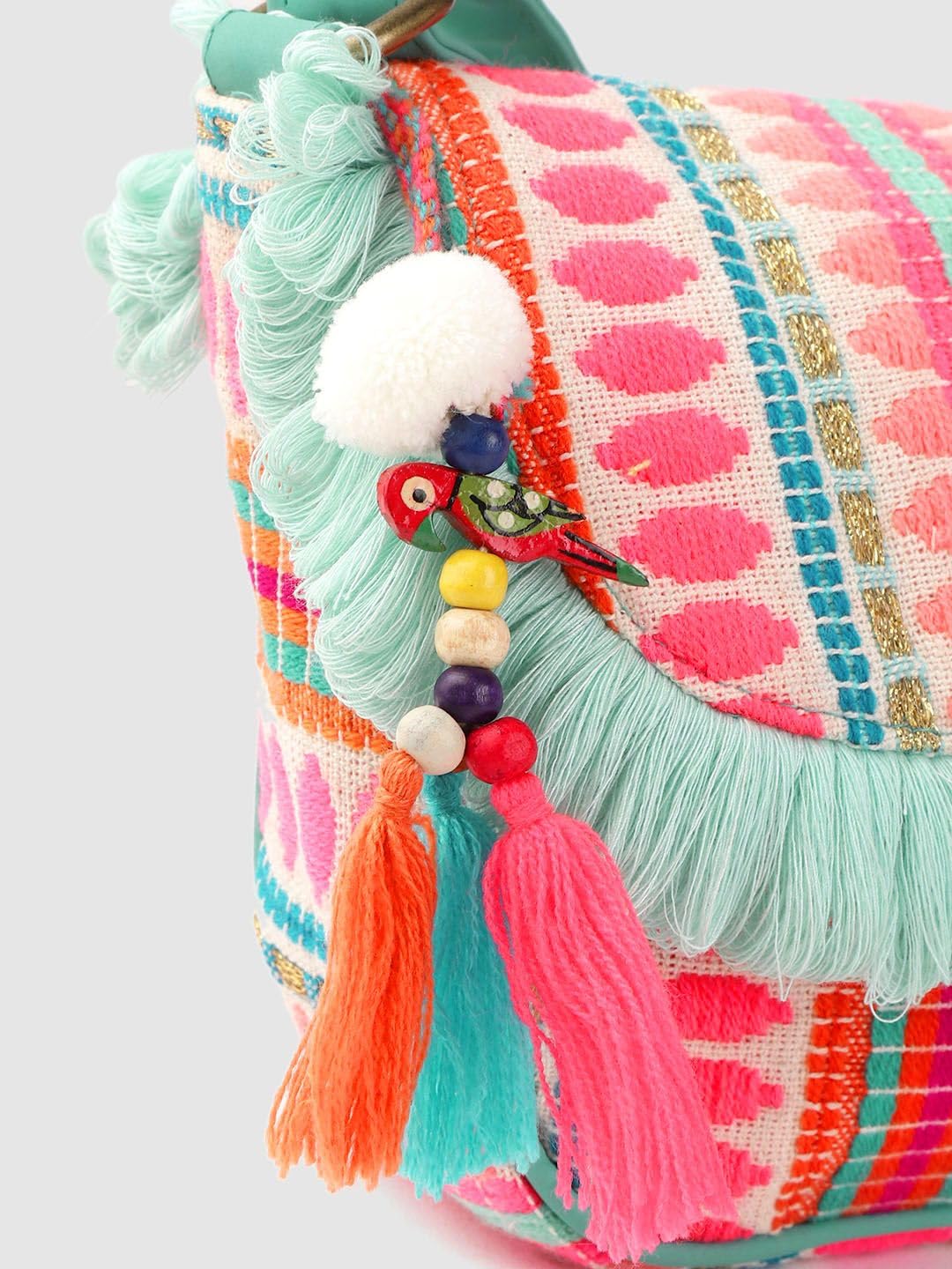 Boho Style Fringe Crossbody Bag with Tassels Multicolour Stripe Pattern