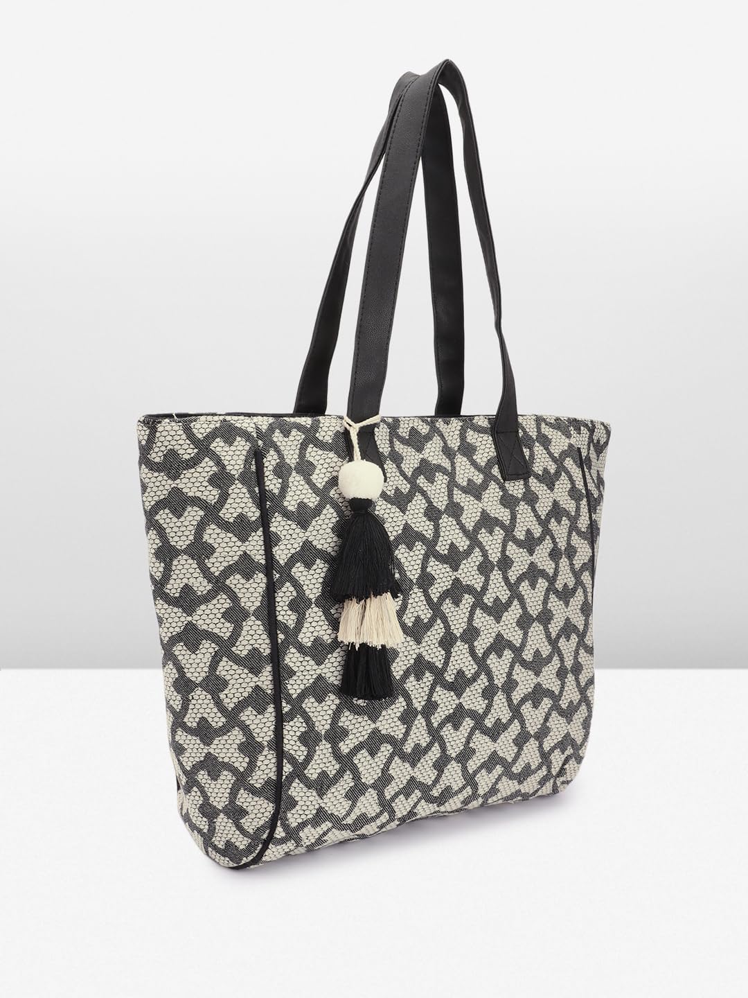 PRIMROSE Geometric Patterned Tote Bag with Tassels, Black and Beige