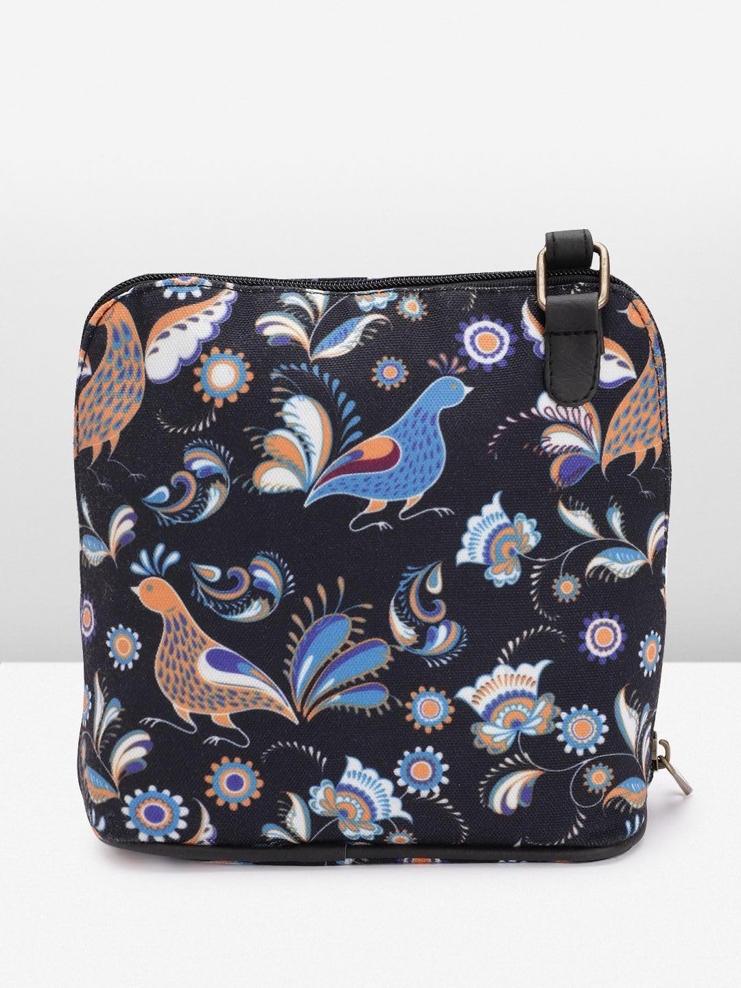 PRIMROSE Black & Blue Ethnic Motifs Print Sling Bag with Tasselled Detail