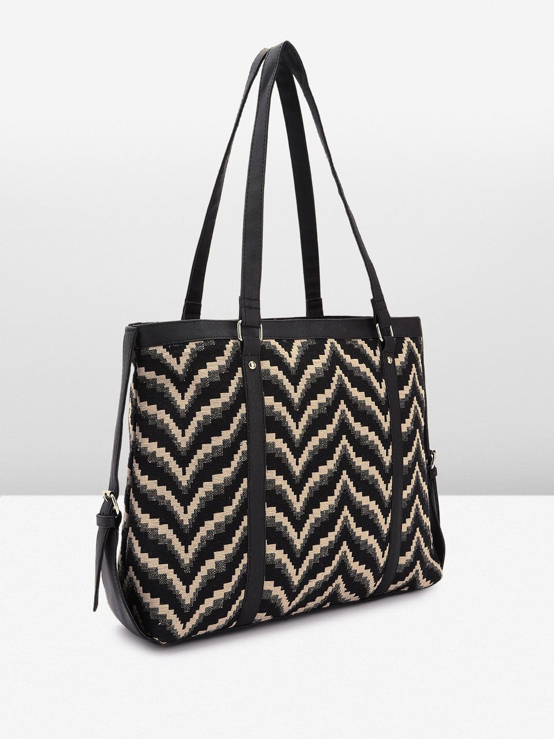 PRIMROSE Black and Beige Zig-Zag Patterned Tote Bag for Women