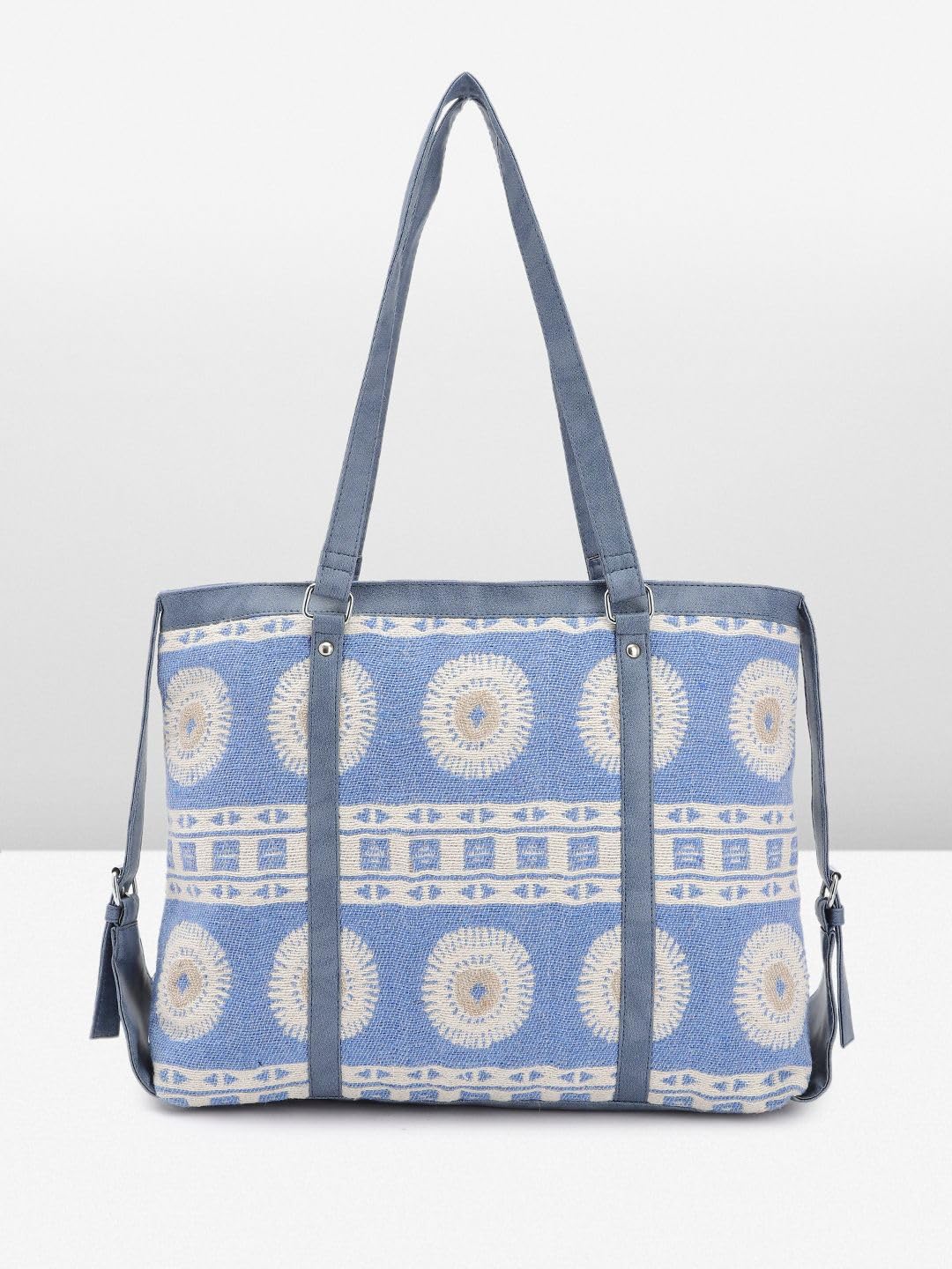 PRIMROSE Stylish Tote Bag with Geometric Pattern Blue and Beige