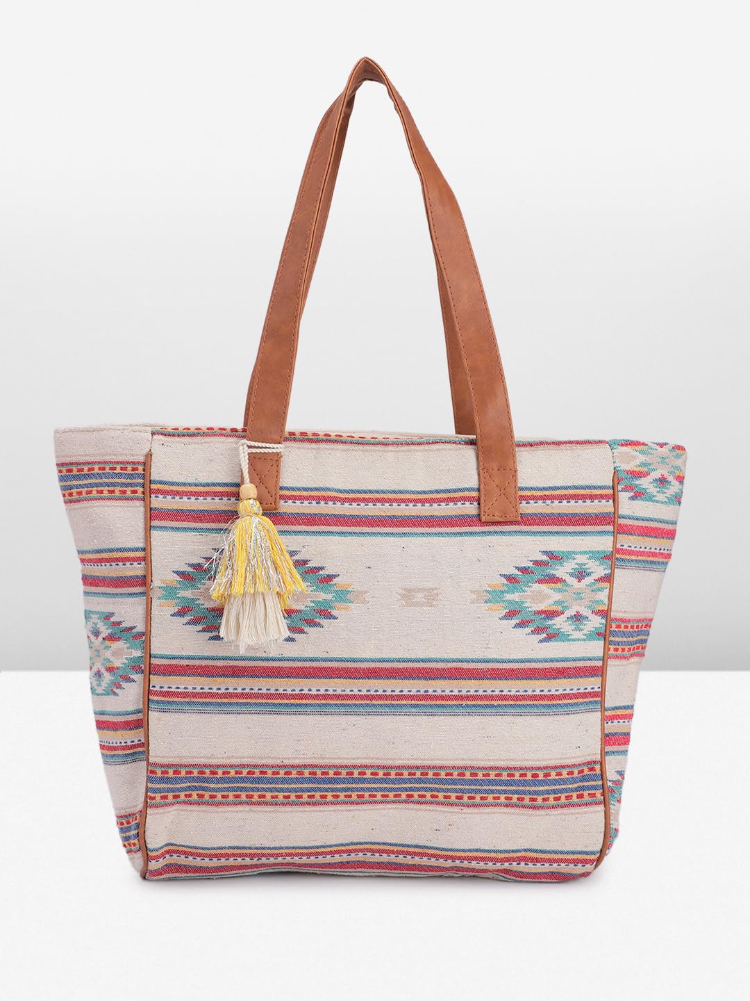 PRIMROSE Handcrafted Tote Bag Multicoloured Striped Pattern Tassel Accent