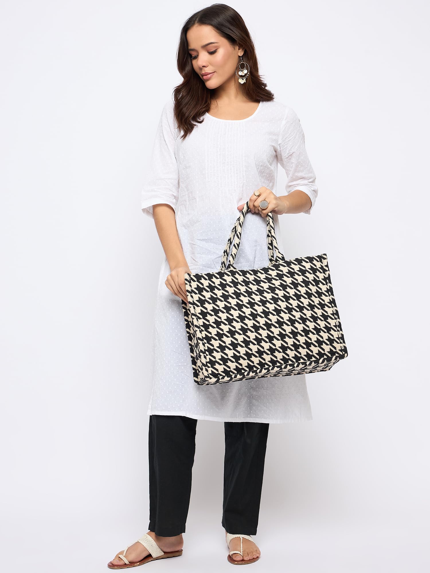 PRIMROSE Black and White Houndstooth Pattern Tote Bag for Women