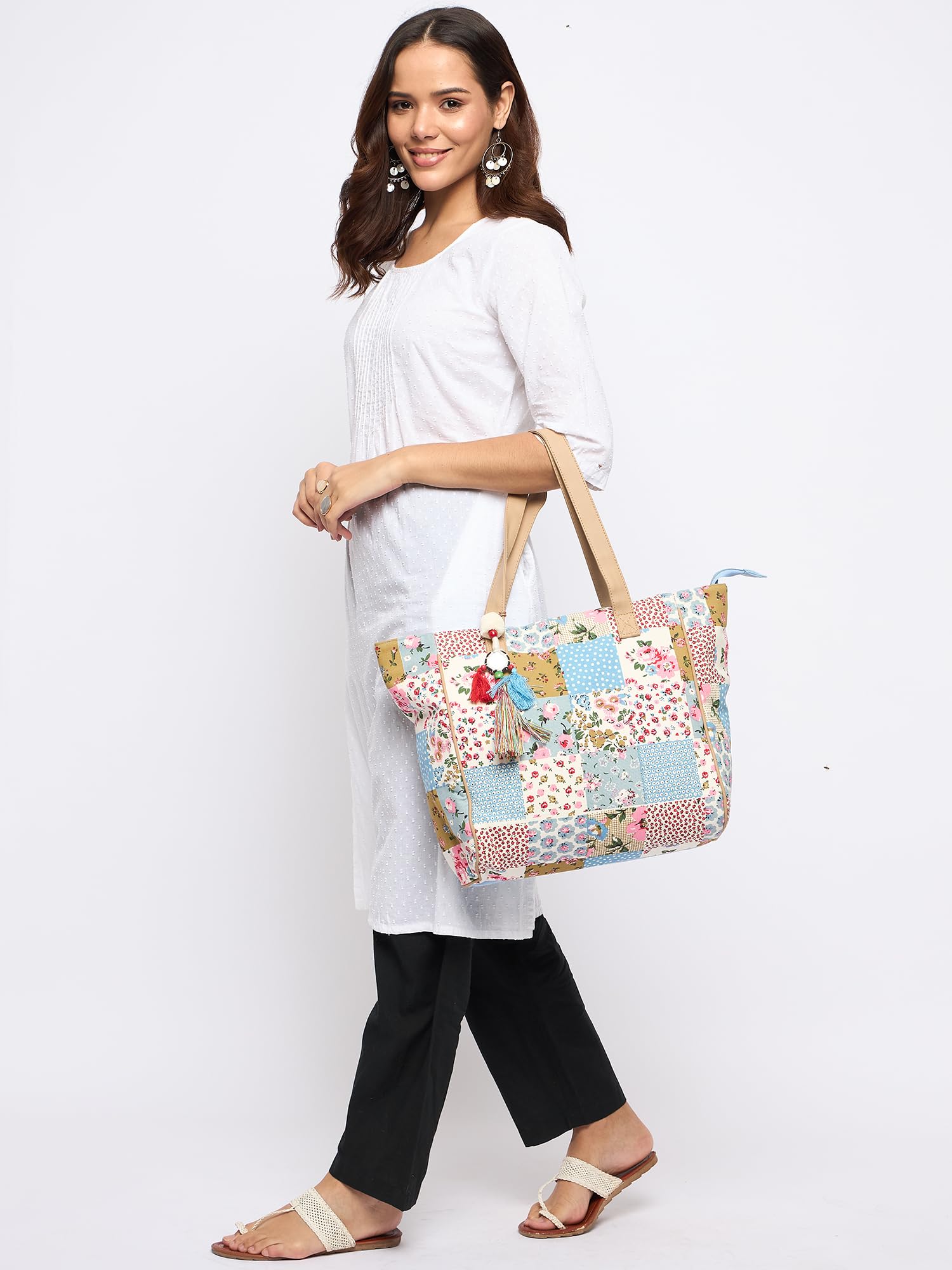 PRIMROSE Floral Print Tote Bag with Tassel Accents, Multicolour