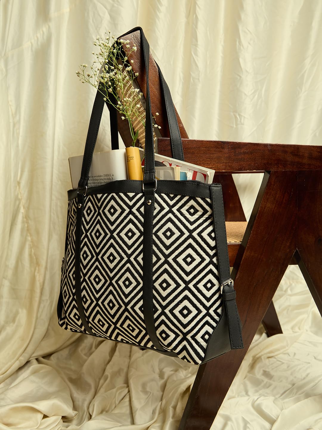 PRIMROSE Geometric Patterned Tote Bag with Dual Handles, Black and White