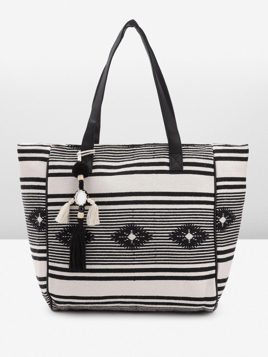 PRIMROSE Striped Canvas Tote Bag with Tassels Black and White