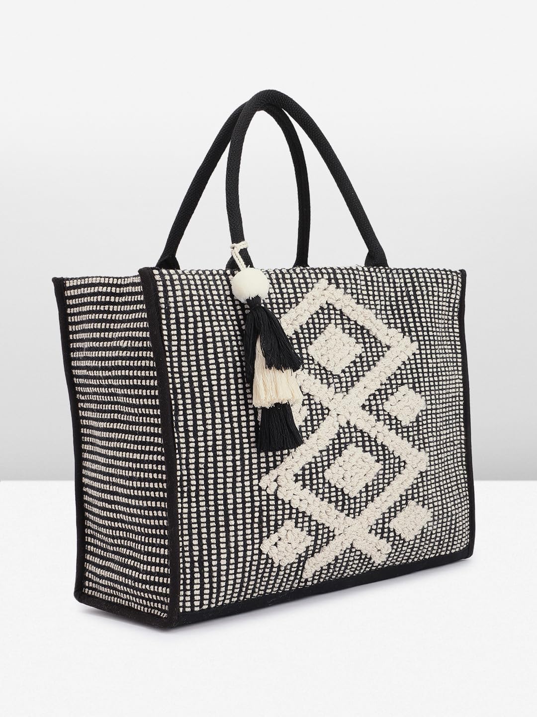 PRIMROSE Handmade Black and White Crochet Tote Bag with Tassels