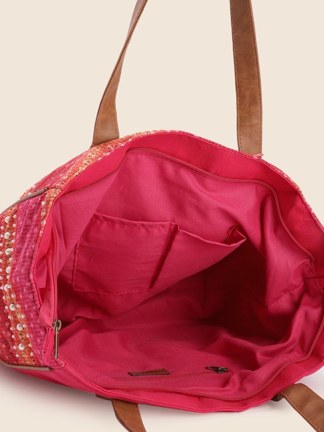 PRIMROSE Women's Red & Pink Tote Bag with Embellished Tassel Accents