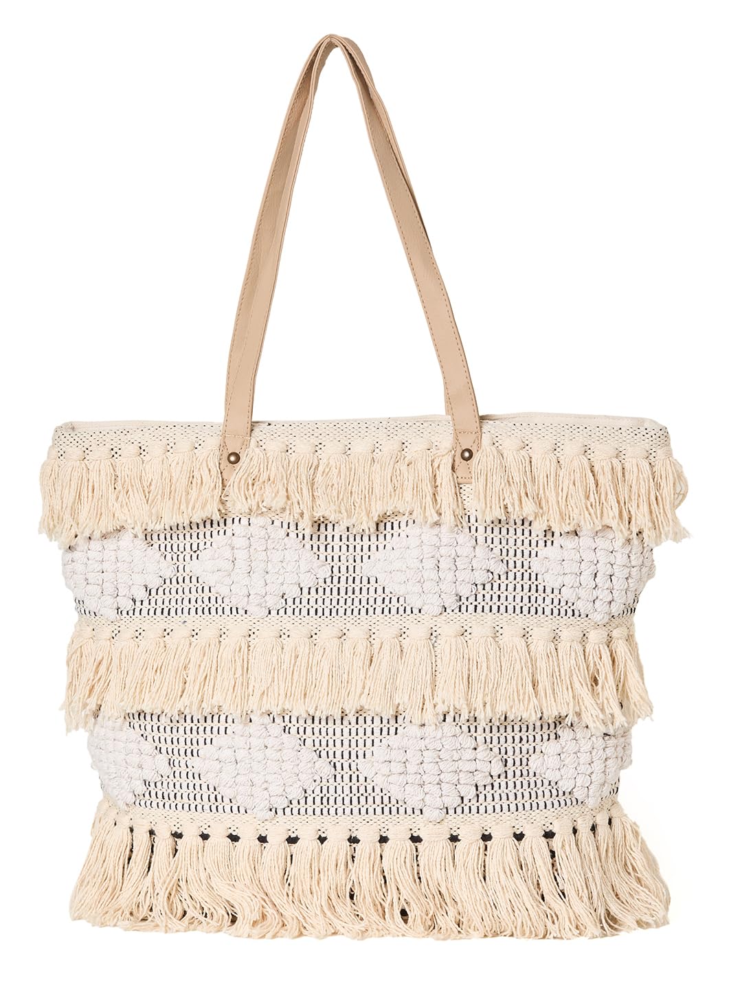 PRIMROSE Fringed Crochet Tote Bag with Shoulder Straps, Beige