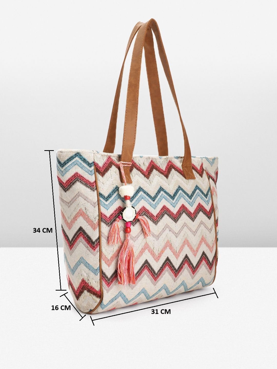 PRIMROSE Chevron Pattern Tote Bag with Tassels, Beige and Multi-Colour