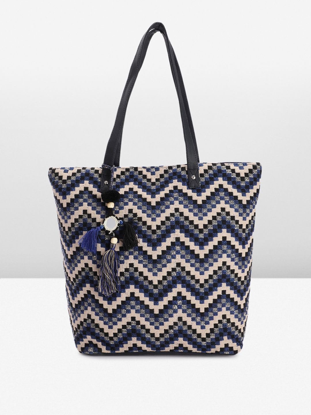 PRIMROSE Geometric Patterned Tote Bag for Women, Blue and White