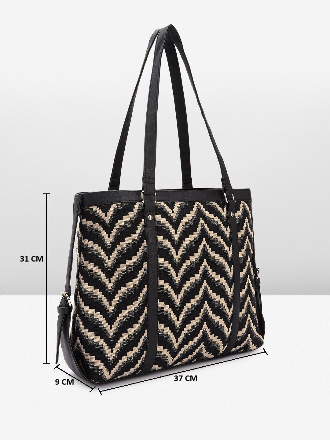 PRIMROSE Black and Beige Zig-Zag Patterned Tote Bag for Women