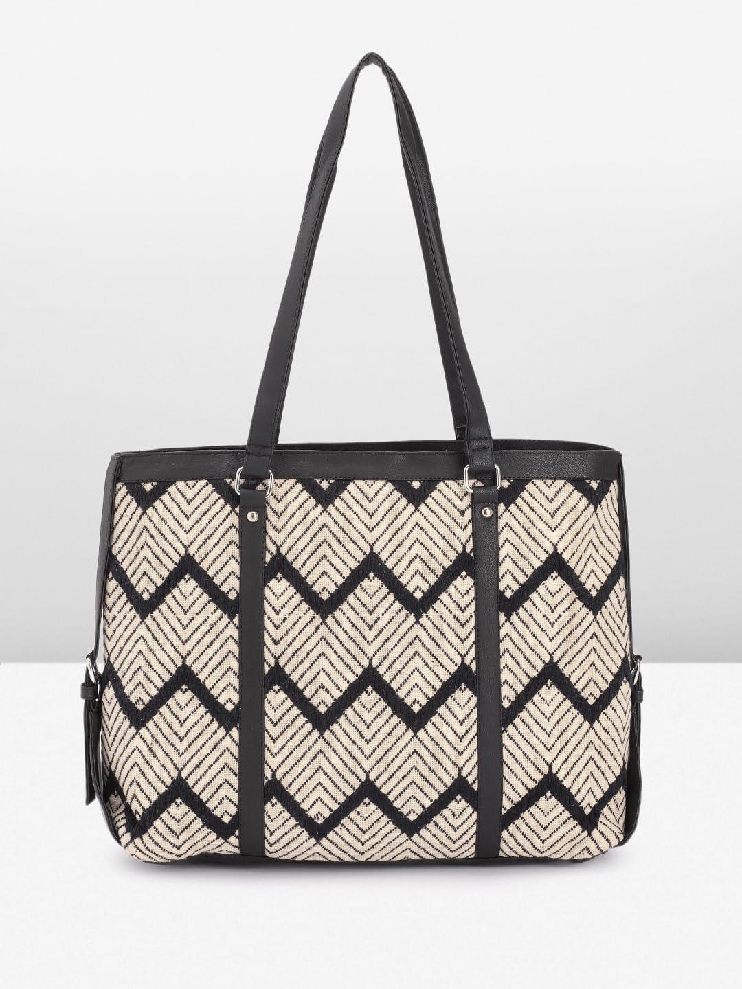 PRIMROSE Geometric Patterned Canvas Tote Bag Black and Beige