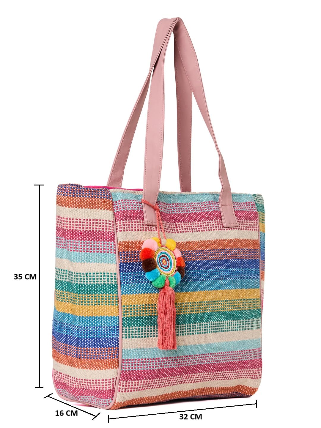 PRIMROSE Multicoloured Jacquard Woven Design Structured Shoulder Bag with Pom-Pom Tasselled