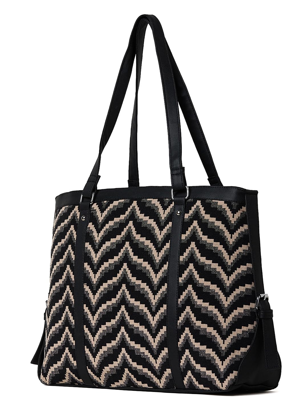 PRIMROSE Chevron Pattern Tote Bag for Women, Black and Beige