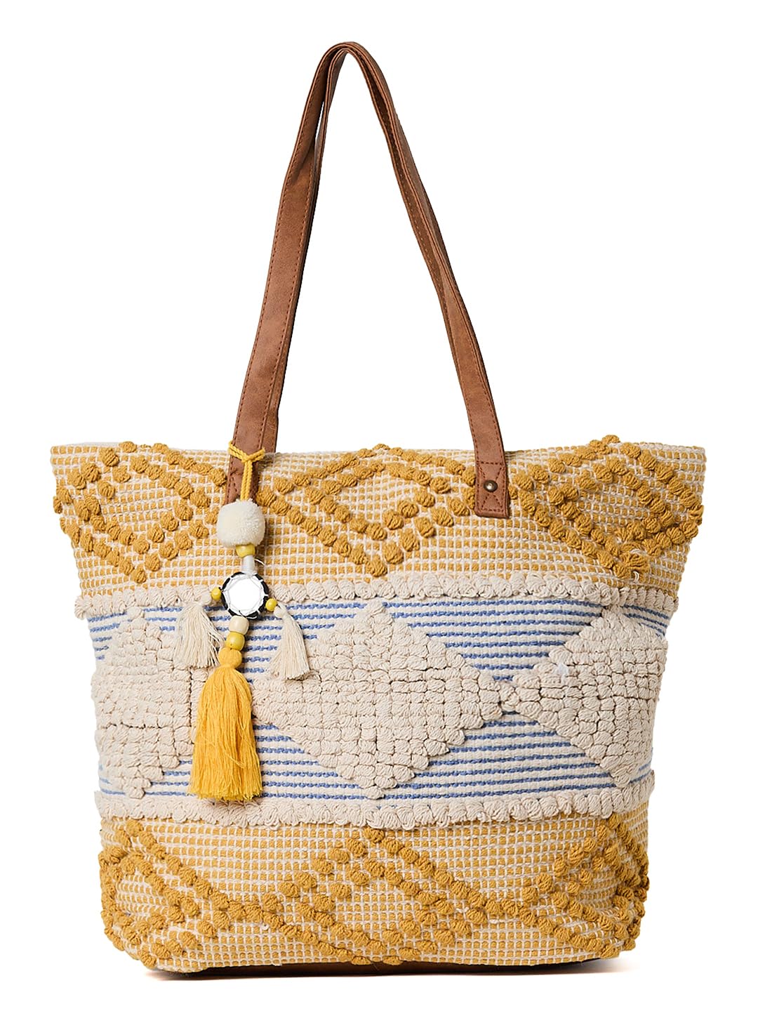 PRIMROSE Handcrafted Woven Tote Bag, Cream, Blue, Yellow, Tassel Accents