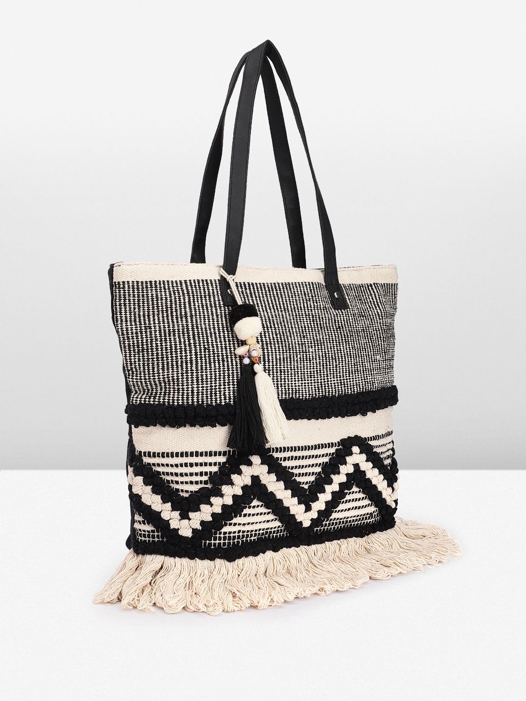 PRIMROSE Women Tote Bag with Tassels, Black and White