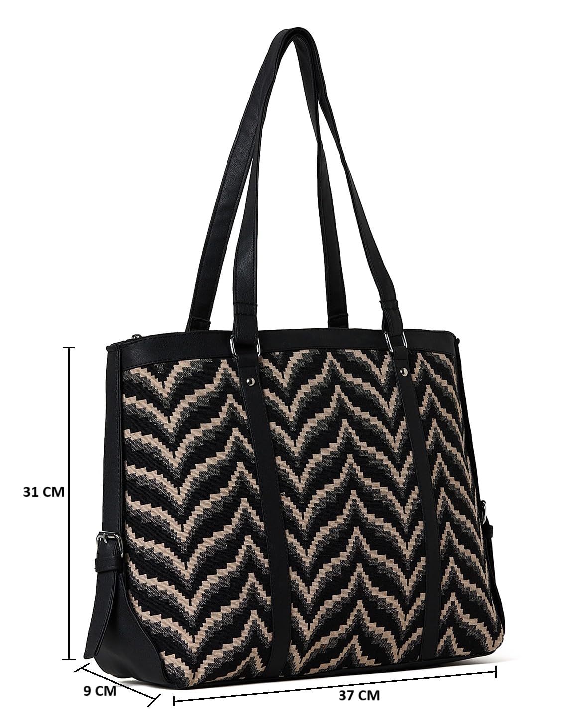 PRIMROSE Chevron Pattern Tote Bag for Women, Black and Beige