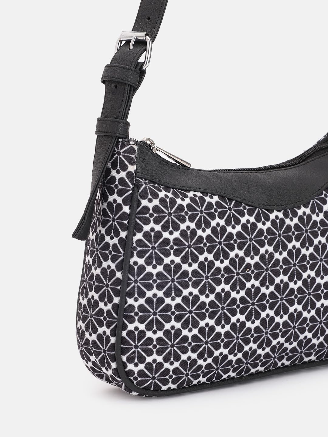 PRIMROSE Black and White Geometric Patterned Shoulder Bag for Women