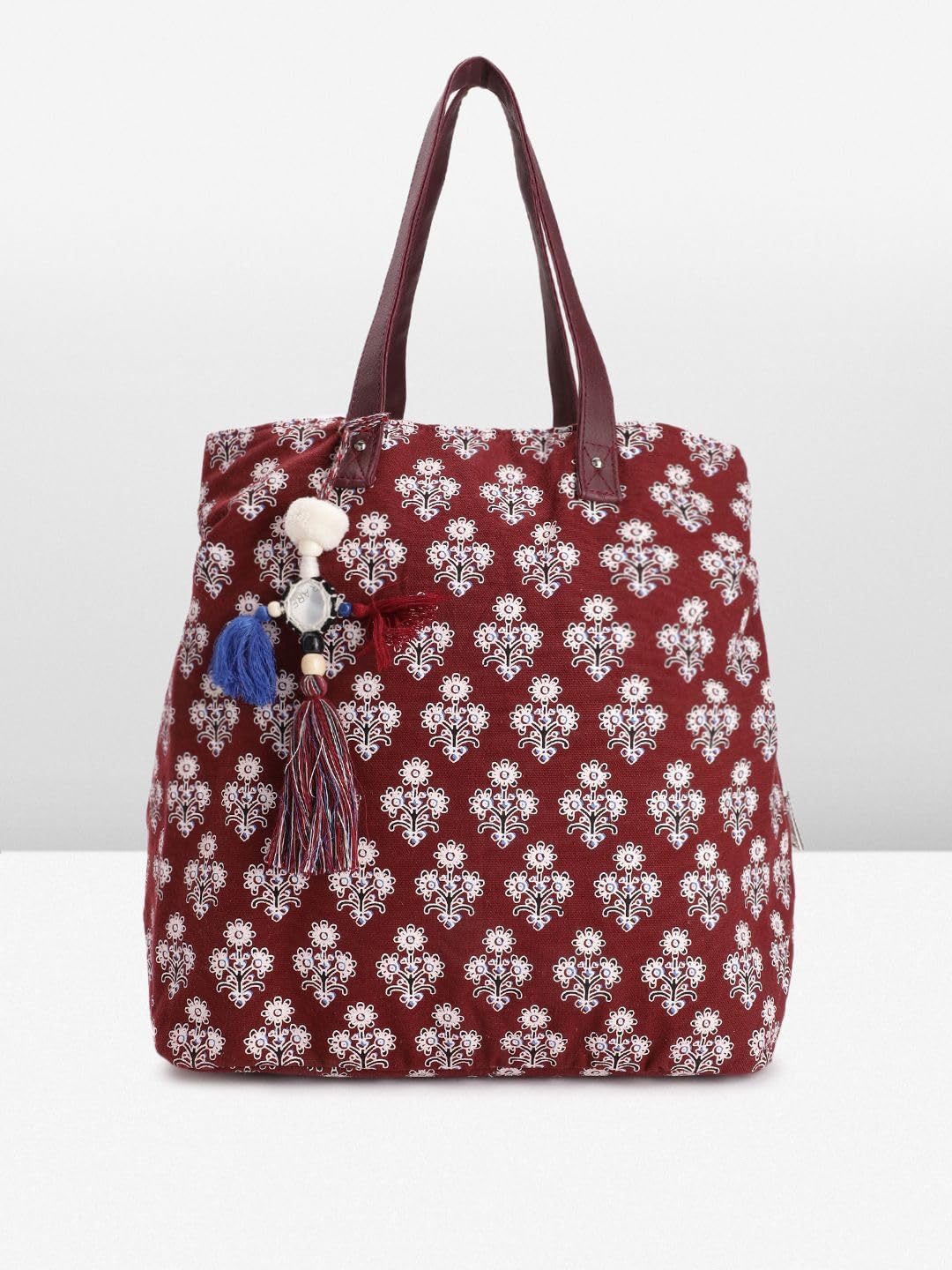 PRIMROSE Women's Burgundy Tote Bag with Floral Print Tassel Accent