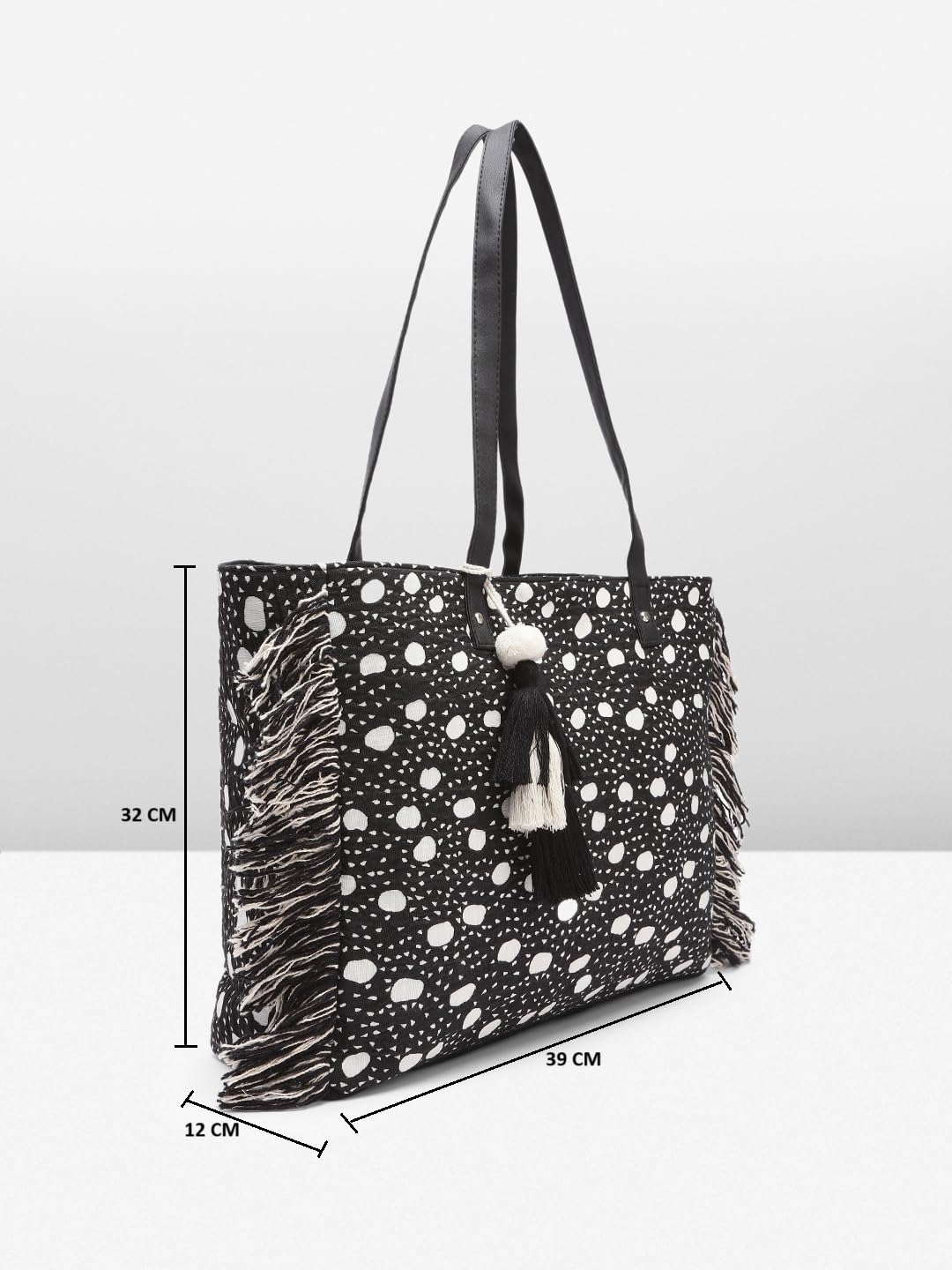 PRIMROSE Fringed Polka Dot Tote Bag Black and White