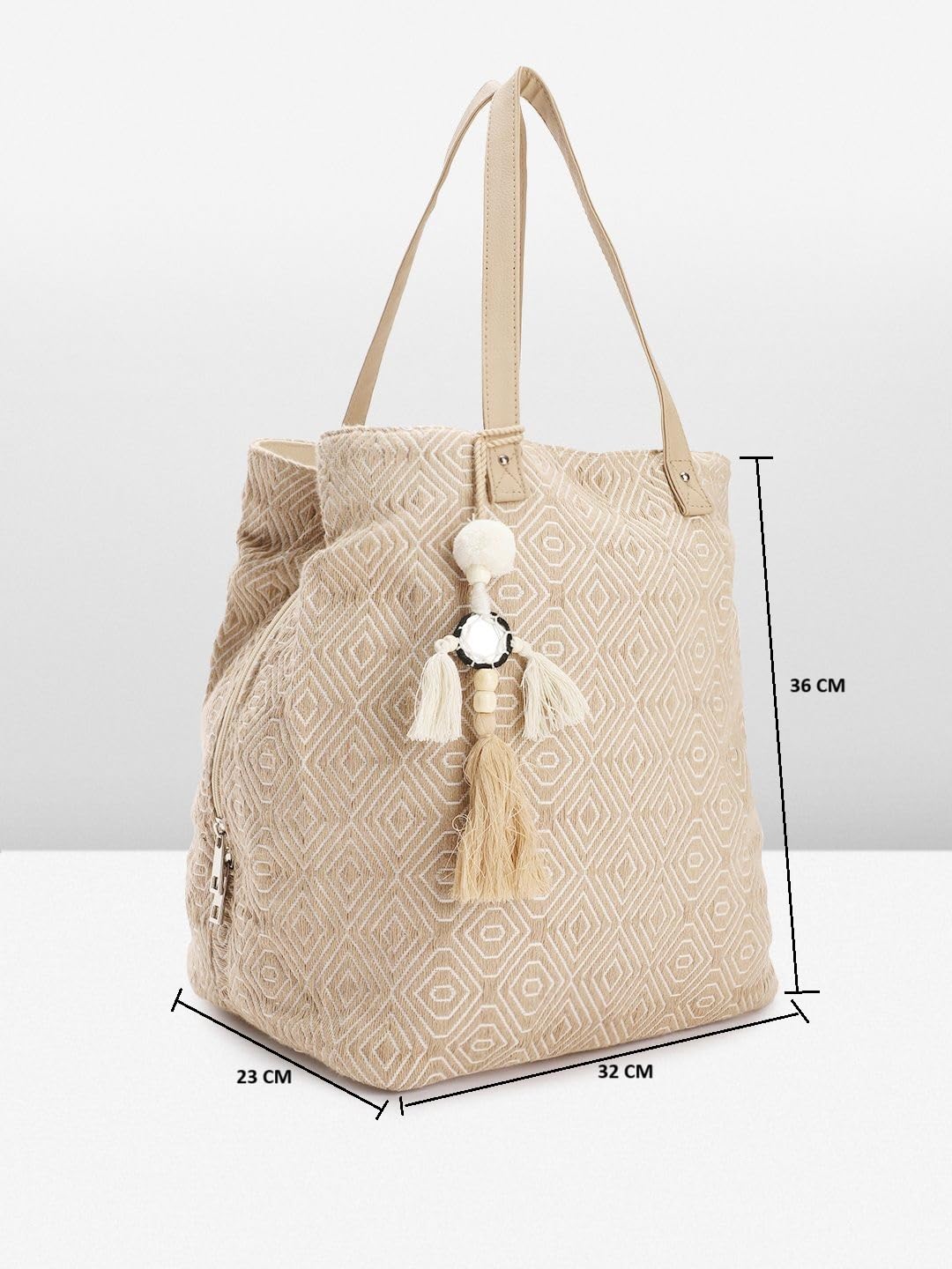 PRIMROSE Beige Geometric Pattern Tote Bag with Tassel Charm