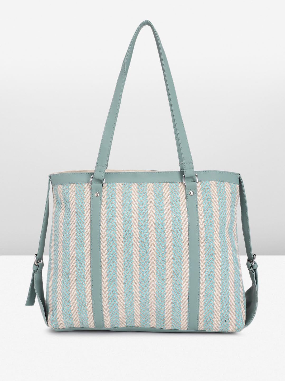 PRIMROSE Patterned Tote Bag for Women Teal and Beige Chevron Design