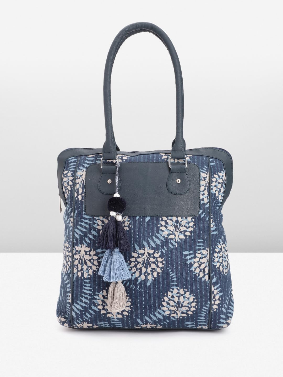 PRIMROSE Women's Navy Blue Floral Pattern Tote Bag with Tassel Charm