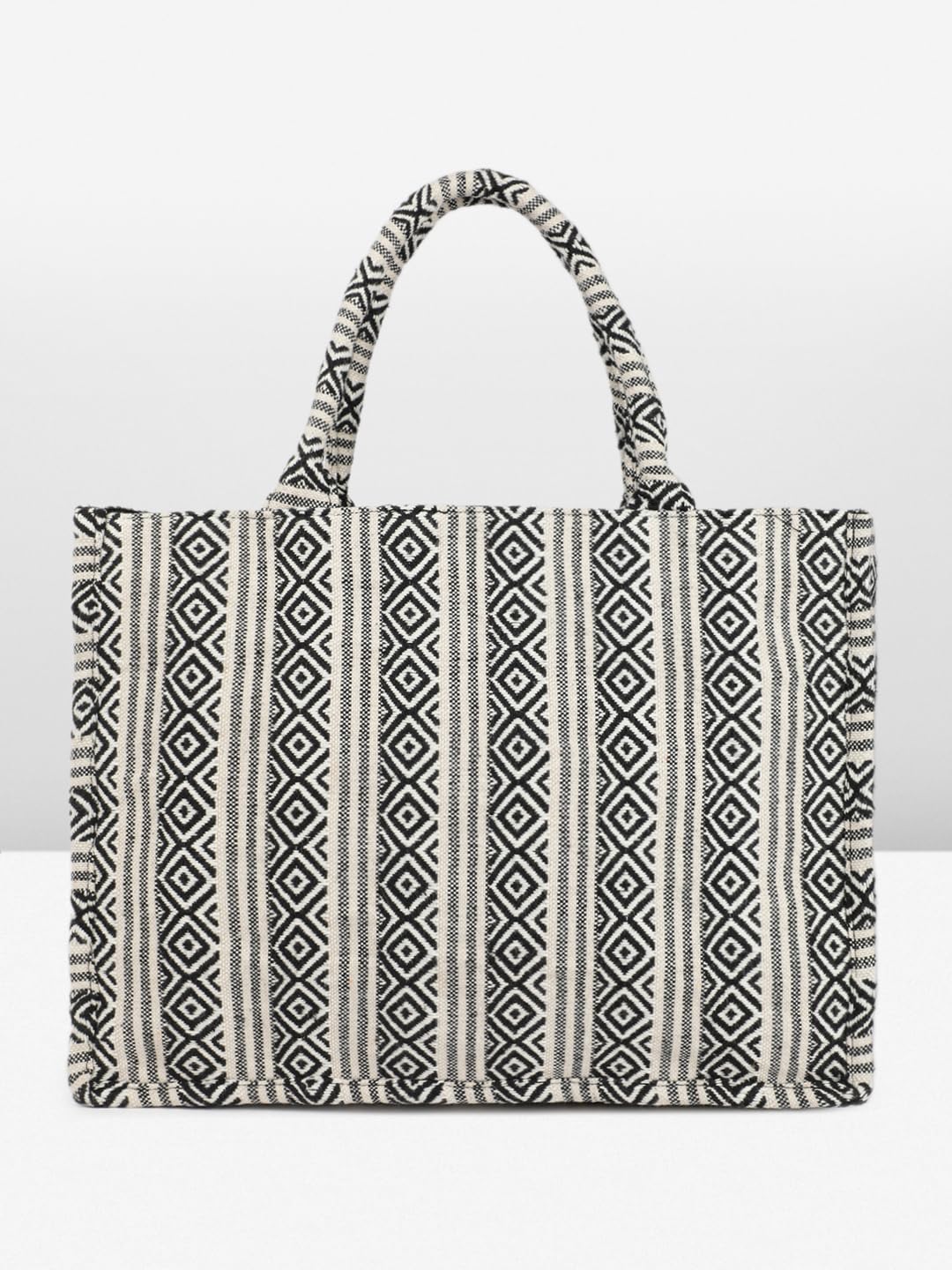 PRIMROSE Geometric Pattern Canvas Tote Bag for Women, Black and White