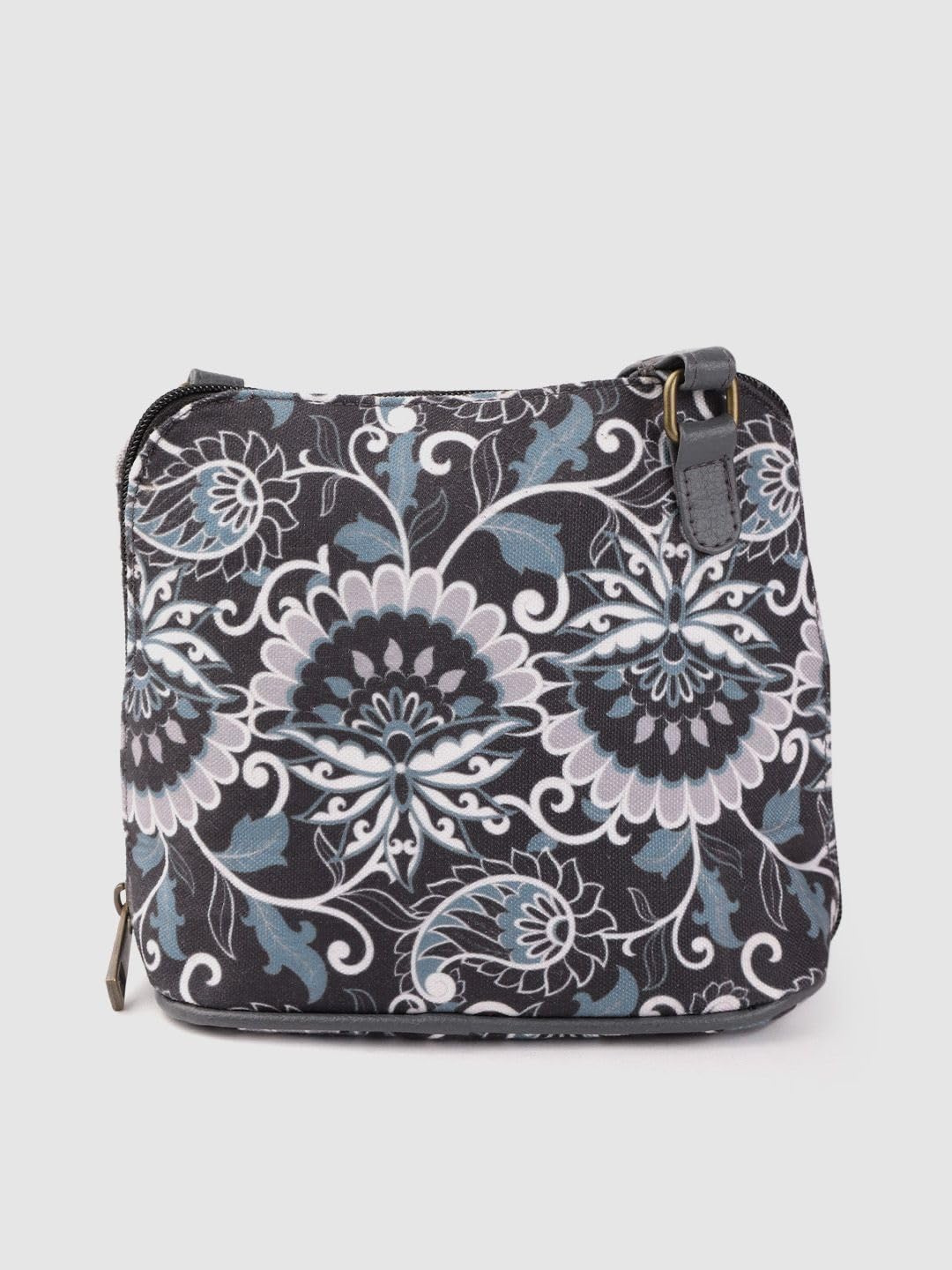 PRIMROSE Women Charcoal Grey & Blue Ethnic Motifs Print Sling Bag with Tasselled Detail