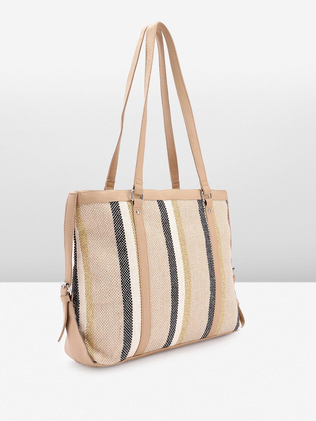 PRIMROSE Women's Beige and Black Striped Tote Bag with Dual Handles