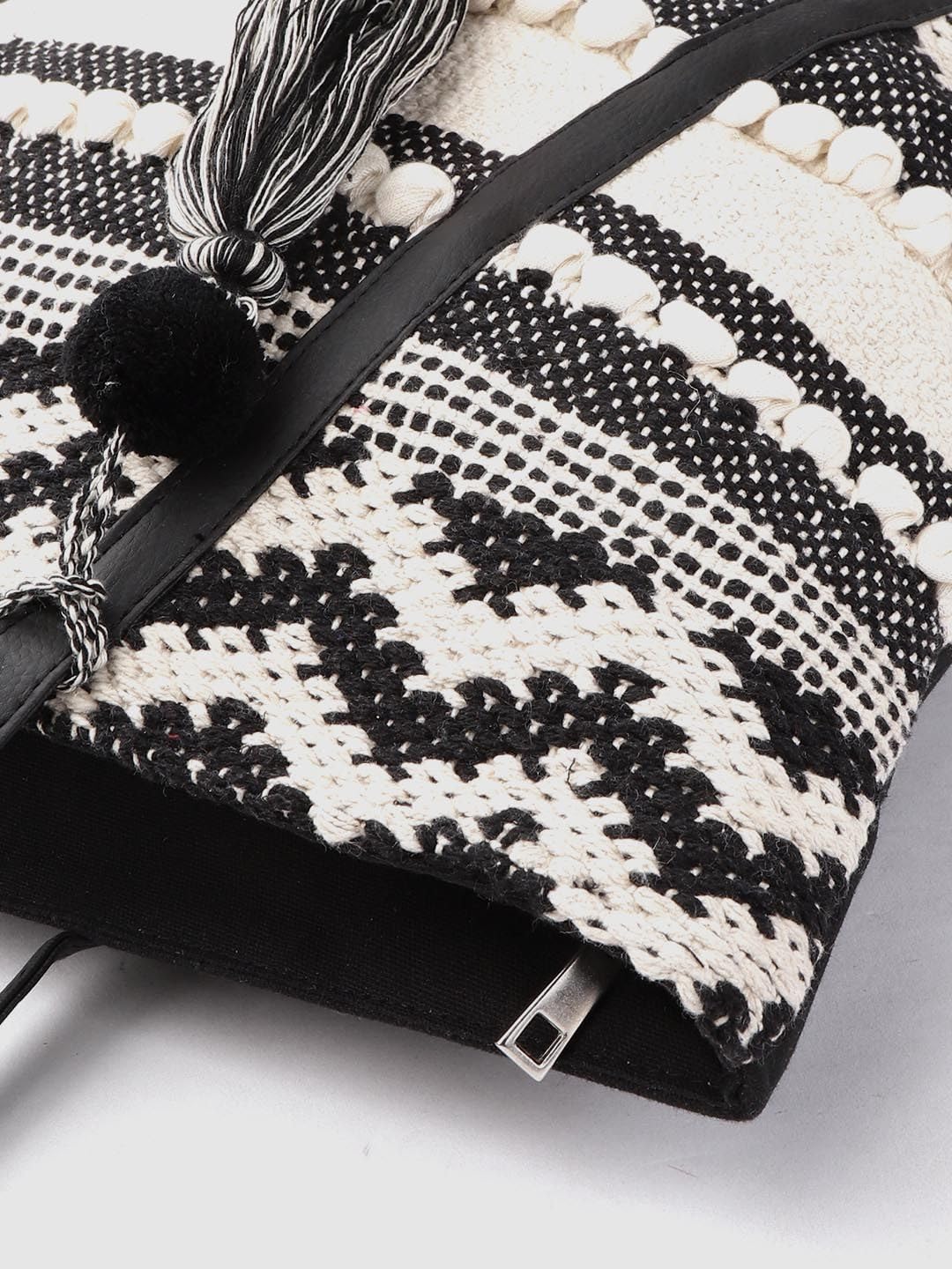 PRIMROSE Bohemian Style Tote Bag with Tassel Black and White Patterns