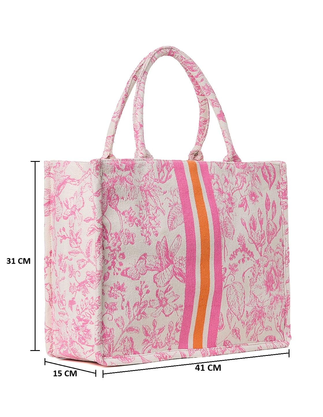 PRIMROSE Women's Floral Print Tote Bag with Pink and Orange Stripes, Cotton