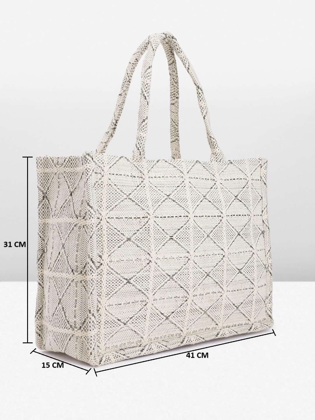 PRIMROSE Macrame Tote Bag, Geometric Design, Ivory